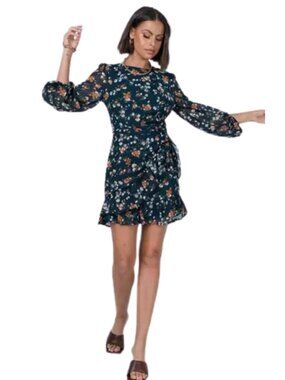 Petal & Pup Chiffon Dark Green Floral Cocktail Dress Short Easter Women's 6